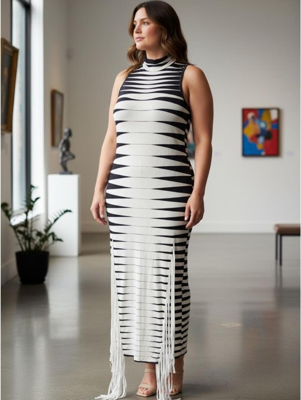 Sleeveless Black & White Striped Fringe Maxi Dress
